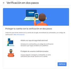 Pantallazo de uno de los pasos para activar el factor de doble autenticación (2FA) en Google.