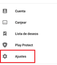 Imagen de uno de los pasos para activar desactivar las actualizaciones autom&aacute;ticas en Android 10. Ir a la Play Store y elegir "Ajustes" en el men&uacute;.