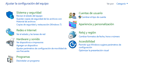 Imagen explicativa de cómo eliminar cuentas de usuario en Windows 10. Acceder al Panel de Control.