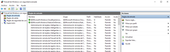 Imagen de otro de los pasos para activar o desactivar el Firewall en Windows 10. Lista de reglas para el Firewall.