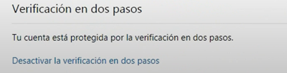 Imagen del mensaje de la activaci&oacute;n completada de la verificaci&oacute;n en dos pasos.