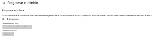 Imagen explicativa de la activaci&oacute;n las actualizaciones autom&aacute;ticas en Windows 10. Opci&oacute;n de programar el reinicio, para finalizar la instalaci&oacute;n de actualizaciones cuando mejor nos venga.