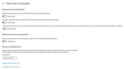 Imagen explicativa de la activaci&oacute;n las actualizaciones autom&aacute;ticas en Windows 10. Vista de las  &ldquo;Opciones avanzadas&rdquo; en Windows Update.