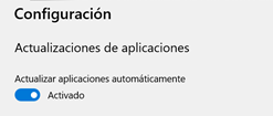 Imagen explicativa de la activaci&oacute;n las actualizaciones autom&aacute;ticas en Windows 10. Vista del men&uacute; &ldquo;Configuraci&oacute;n&rdquo; para activar la actualizaci&oacute;n autom&aacute;tica de aplicaciones.