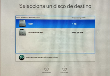 MAC OSX-en backup bat berrezartzeko urratsetako baten irudia, non egingo den diskoa aukeratzea.