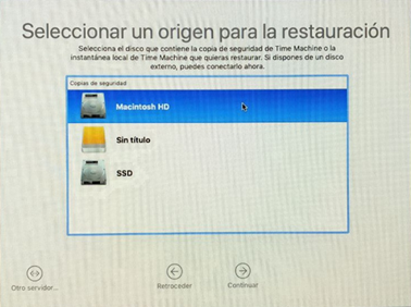 MAC OSX-en backup bat berrezartzeko urratsetako baten irudia, kopia berrezartzeko gailua aukeratu.