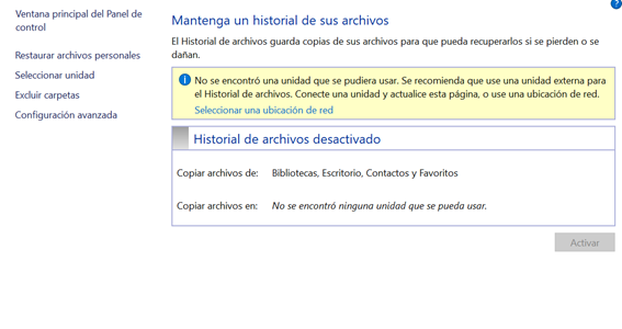 Imagen con el mensaje del sistema operativo Windows para seleccionar  donde quiere realizarse la copia de seguridad.