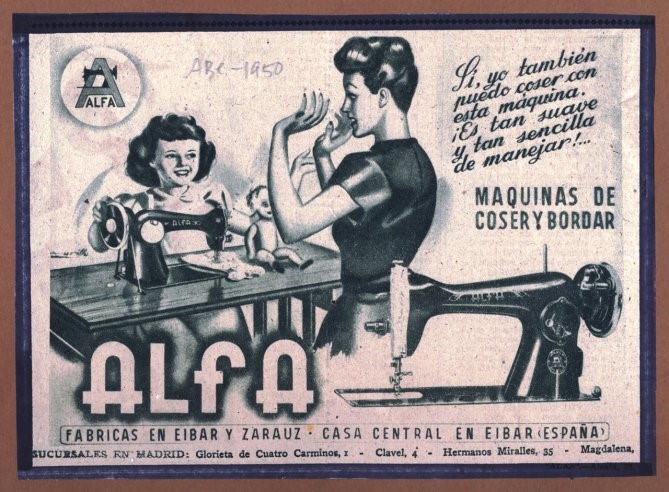 Publicidad de máquinas de coser Alfa, ABC, 1950.