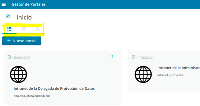 Diferentes opciones para ver el listado de portales