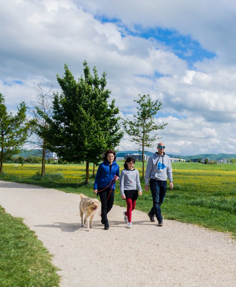 Eine Familie mit einem Hund, der um den Gr&uuml;nen Ring von Vitoria-Gasteiz spaziert