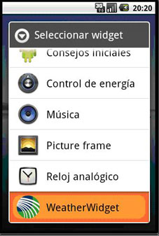 Pantalla de Seleccionar Widget