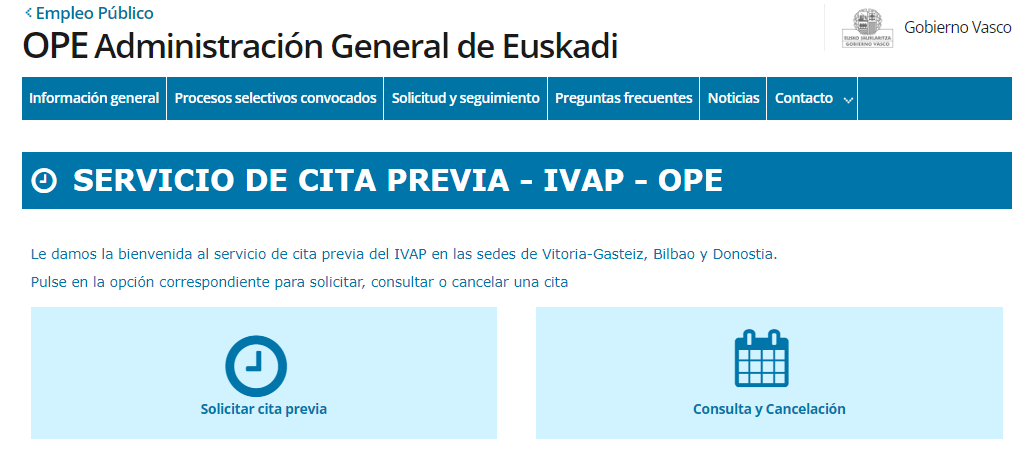 Captura de pantalla de la página web para solicitar cita presencial