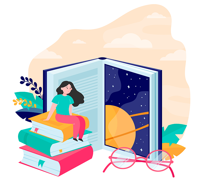 mujer feliz sentada sobre libros