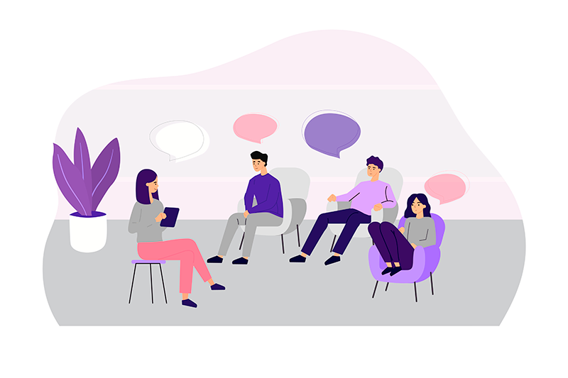 grupo sentados en sillas hablando