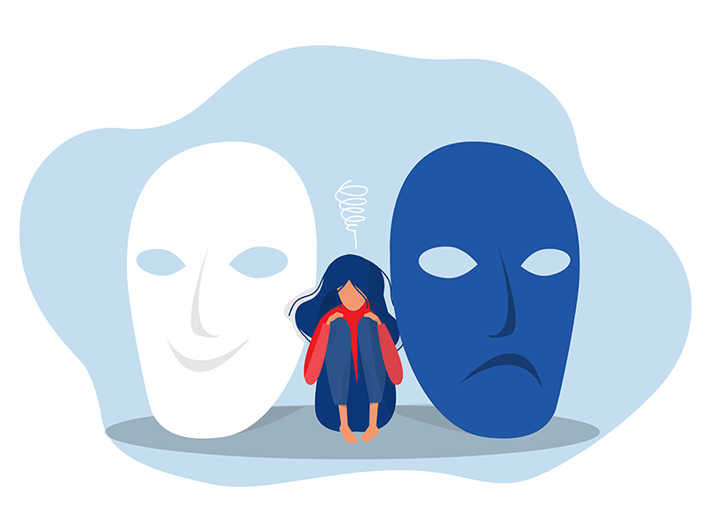 Nahasmendu Bipolarraren arrazoiak. Emakume bat zoriontasun eta tristurako bi maskaren aurrean