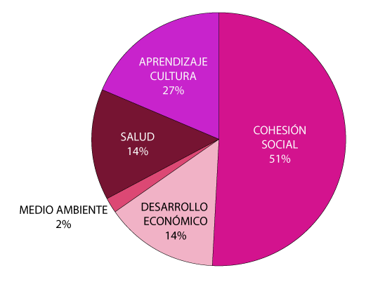 Cohesi&oacute;n social 51%, Desarrollo econ&oacute;mico 14%, Medio ambiente 2%, Salud 14%, Aprendizaje-cultura 18%