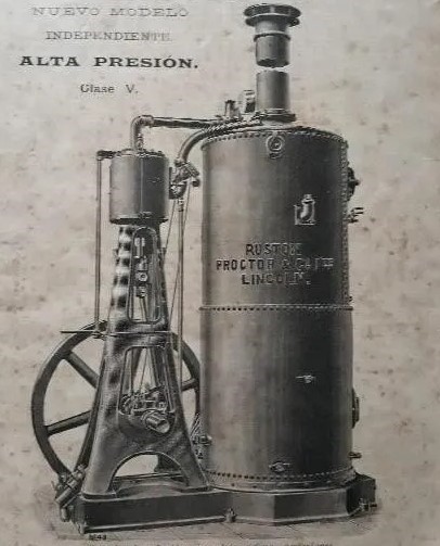 Dibujo de una máquina de vapor vertical. Catálogo Ruston, Proctor & Co. Ltd. (1892). Fuente: www.todocolección.net