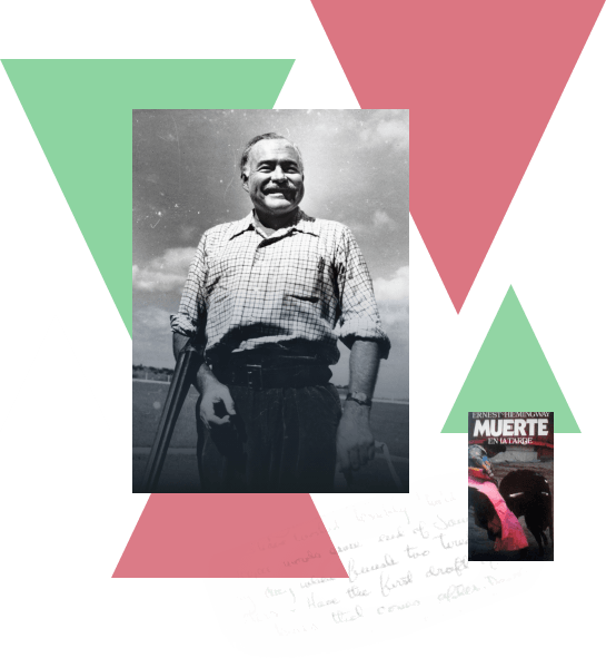 Foto de Hemingway con una escopeta y portada de Muerte en la tarde