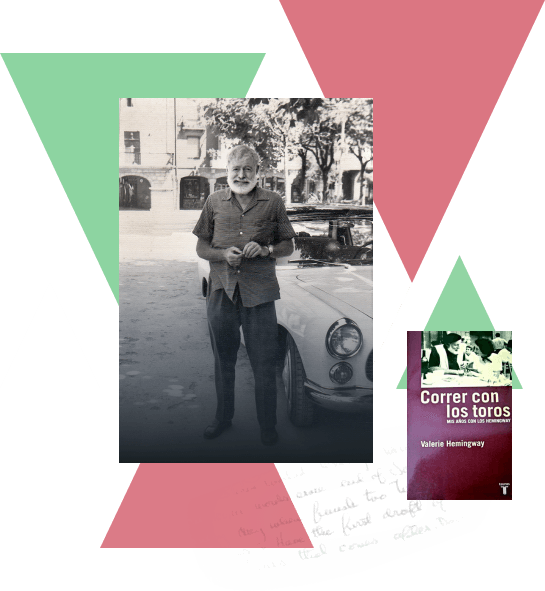 Hemingway y portada del libro Correr con los toros