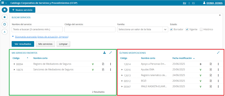 Paneles fijos: favoritos y &uacute;ltimas modificaciones