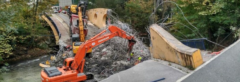Retirada del puente derrumbado en el Urumea, en el pol&iacute;gono de Lastaola en Hernani