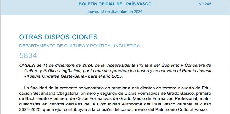 Orden del Premio Juvenil Kultura Ondarea Gazte-Saria 2025