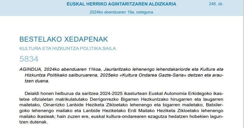 Agindua Kultura Ondarea Gazte-Saria buletina