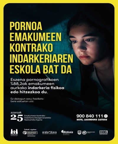 "PORNOA EMAKUMEEN AURKAKO INDARKERIAREN ESKOLA BAT DA",  irudia