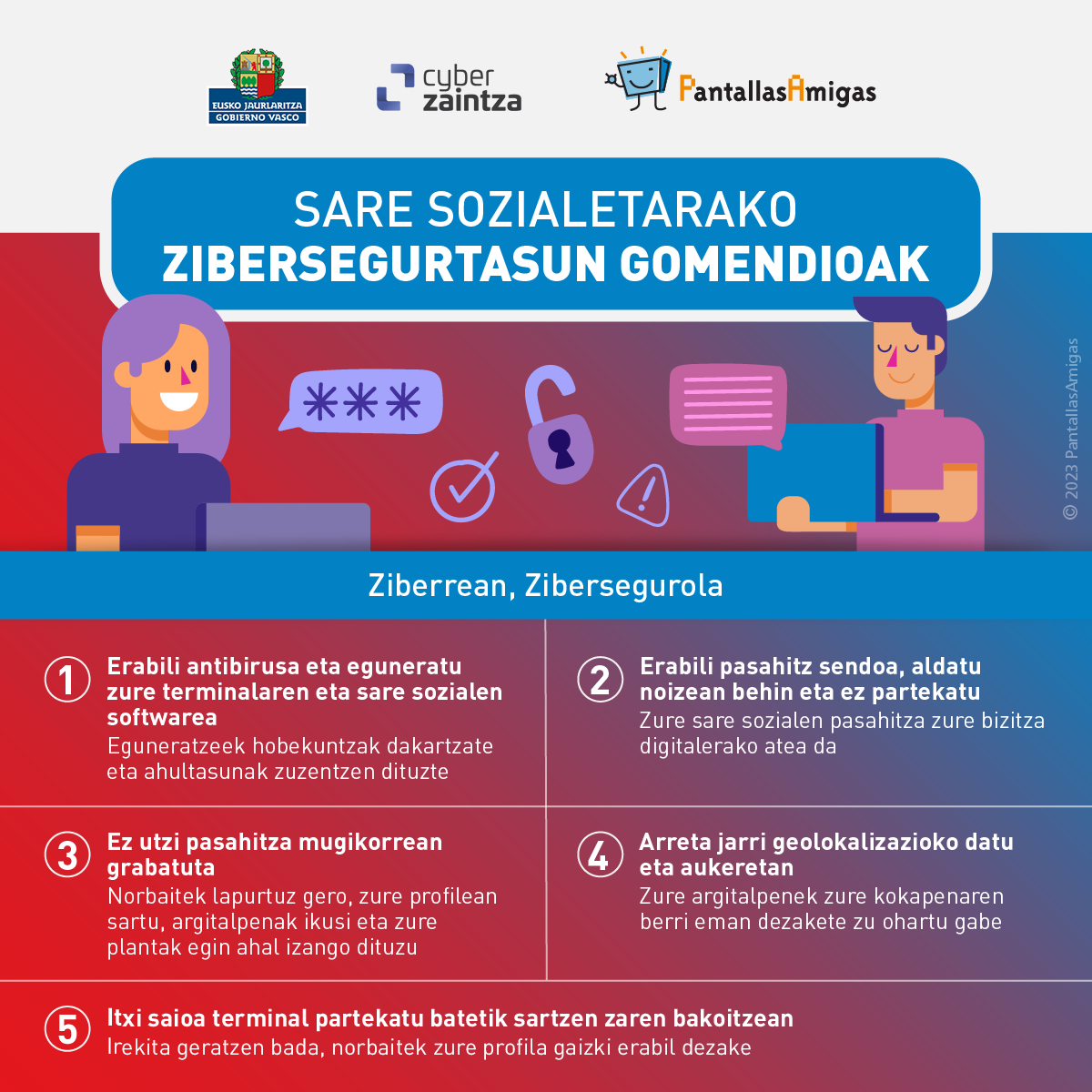 #Zibersegurolak kanpainako sare sozialetarako zibersegurtasun gomendioak dituen inforgrafia.