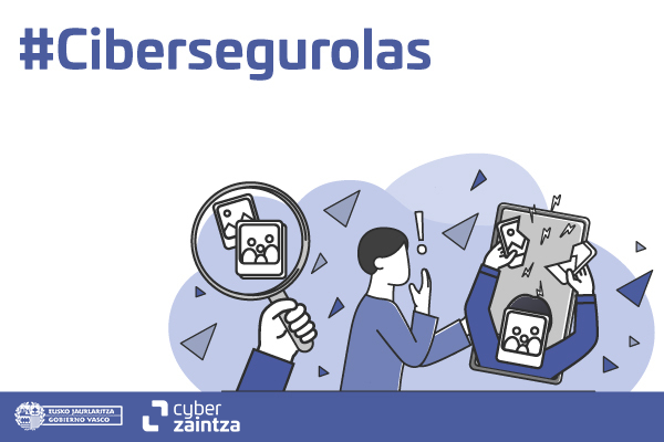 Dibujo con una lupa enfocando dos fotos de varias personas, y una persona rompiendo otra fotograf&iacute;a frente a otra. Campa&ntilde;a #Cibersegurolas.