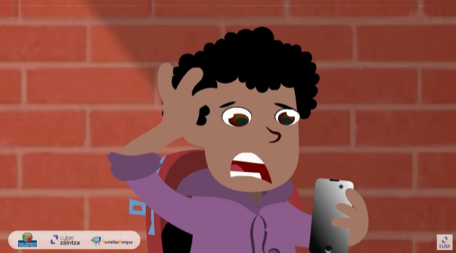 Mugikorrean ikusten ari den informazio engainagarriarekin oso kezkatuta dagoen haur baten marrazkia.