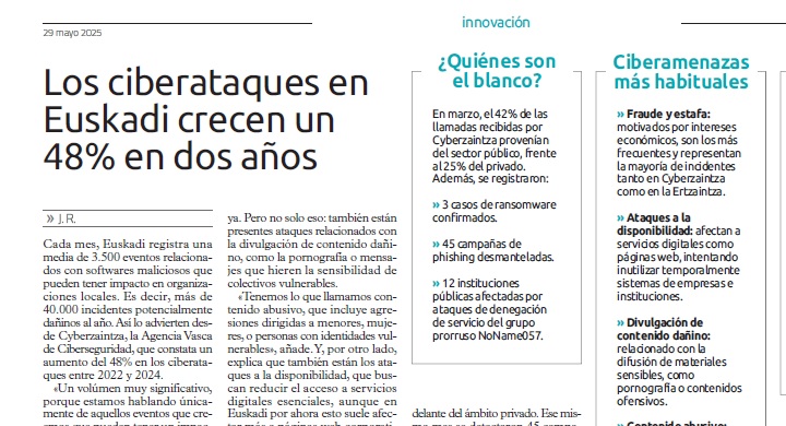 "Zibererasoak Euskadin % 48 hazi dira bi urtean" izenburua duen egunkari bateko albiste baten irudia.