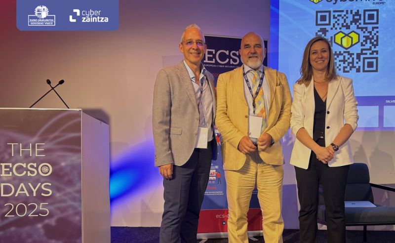 Javier Di&eacute;guez, Director General de Cyberzaintza, con dos personas en su reelecci&oacute;n como parte del Comit&eacute; Estrat&eacute;gico del Consejo de Administraci&oacute;n de European Cyber Security Organisation (ECSO).