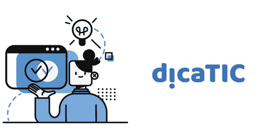 logo de Dicatic y dibujo de persona con una bombilla sobre la cabeza y una pantalla de ordenador con un tic