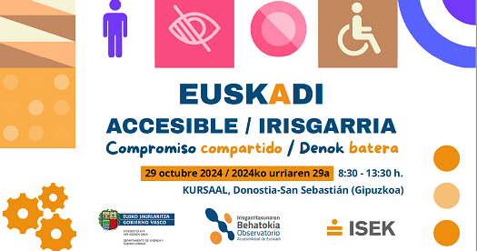 Cartel de la jornada de accesibilidad Euskadi un compromiso compartido, Donosti-San Sebasti&aacute;n, 8.30 a 13.30 horas, logo Direcci&oacute;n Vivienda Gobierno Vasco, ISEK y Observatorio de Accesibilidad de Euskadi