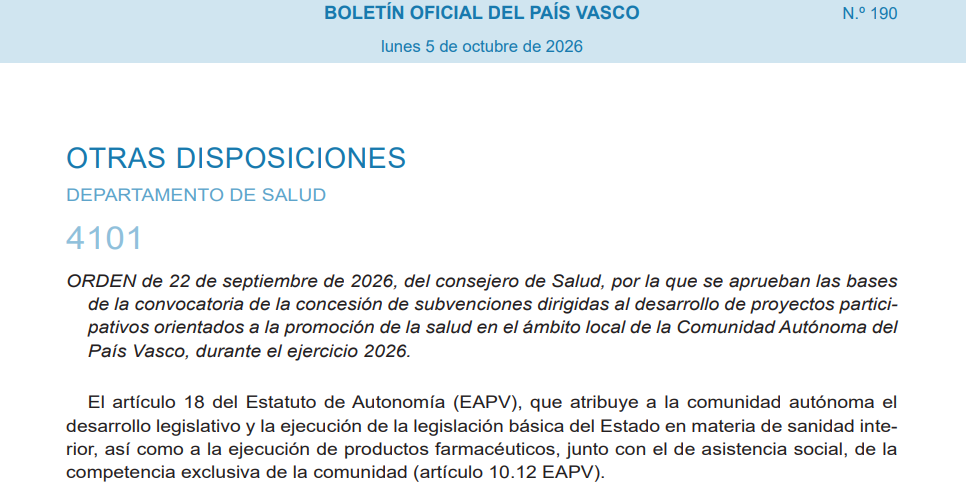 Ayudas proyectos participativos orientados a la promoci&oacute;n de la salud en el &aacute;mbito local de la CAPV en 2026