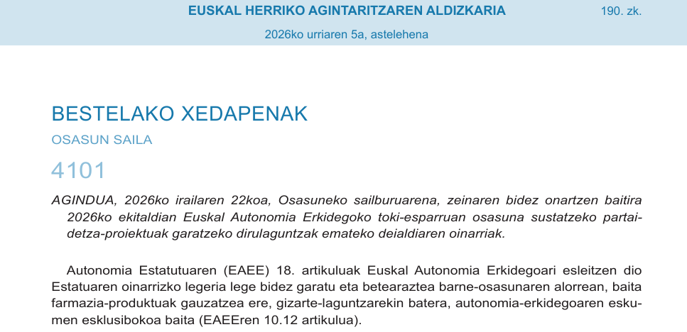 2026an EAEko toki-eremuan osasuna sustatzera bideratutako partaidetza-proiektuetarako laguntzak