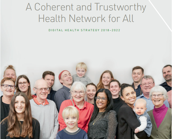 Portada del documento 'Una red de salud coherente y confiable para todas/os. Estrategia de Salud 2018-2022' (A Coherent and Trustworthy Health Network for All. Digital Health Strategy 2018?2022, Healthcare Denmark: 2020)