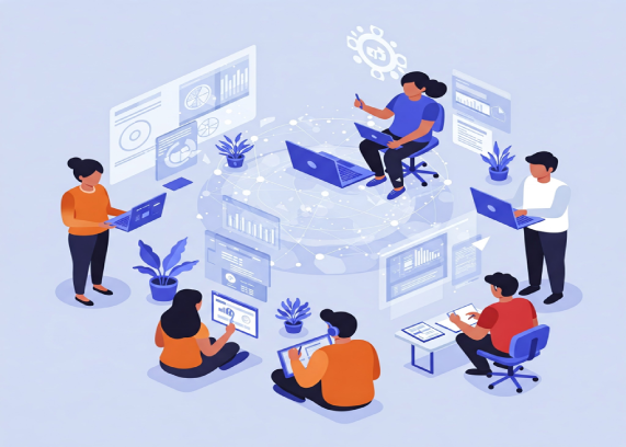 Grupo de personas trabajando en red con el apoyo de la tecnolog&iacute;a (generado por Gemini, 2025).