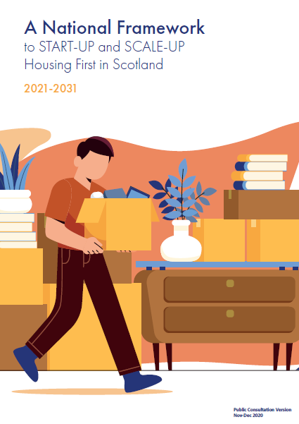 Portada del estudio ?A National Framework to Start-up and Scale-up Housing First in Scotland 2021-2031 (Homeless Network Scotland, 2020)?