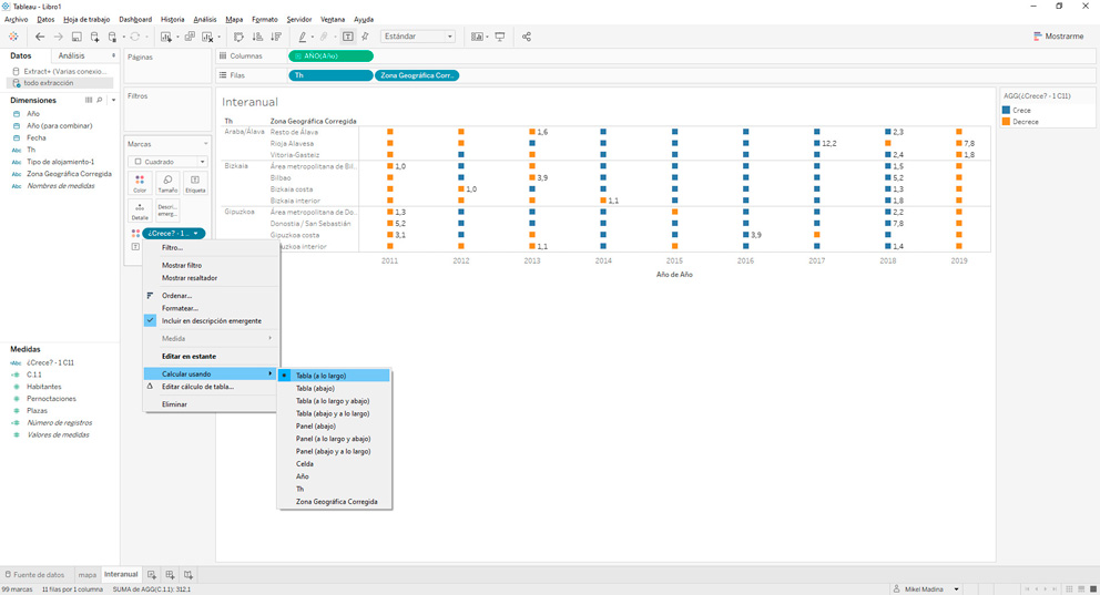 Asignamos ¿Crece? -1 C11 a Color y comprobamos que el cálculo de tabla se está realizando (Tabla) A lo largo.