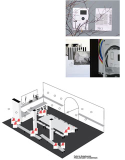 Cartel para la exposicin Attitude, 2006 (Atle Gerhardsen Gallery, Berlin), Cold Front, 2008 (Frankfurter Kunstverein, Frankfurt), y Share your time, drink and food in Kunstverein, 2006 (Dibujo preparatorio)