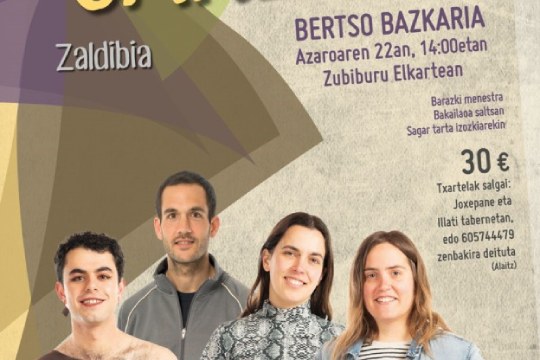 Bertso bazkaria (Udazkeneko Zapi Janztea 2025): Maider Arregi Markuleta, Eneritz Artetxe Eizagirre, Aner Peritz Manterola, Julio Soto