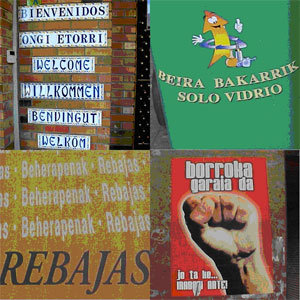 Carteles y rótulos en varios idiomas.