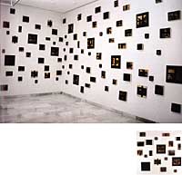 Amores violentos.Instalaci&oacute;n: 98 m&oacute;dulos de dimensionesvariables, acr&iacute;lico, barniz y laca sobre fotograf&iacute;a.