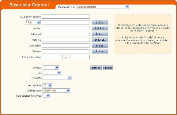 Pantalla b&uacute;squeda general OPAC SNBE