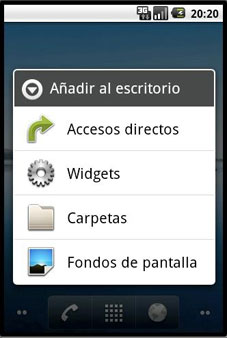 Pantalla de opciones a a�adir en el escritorio