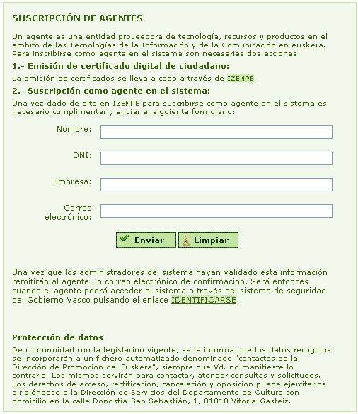 Formulario de suscripci&oacute;n de Agentes